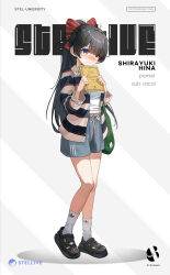  1girl absurdres alternate_costume alternate_hairstyle bare_legs black_hair black_shoes blue_eyes blue_shirt blue_shorts blush book bow breasts brown_shirt character_name closed_mouth collared_shirt commentary_request copyright_name cover cover_page crocs drawstring eyes_visible_through_hair firehippo footwear_ornament full_body green_bag grey_background hair_bow hair_intakes hair_ornament hands_up head_tilt heart heart_hair_ornament high_ponytail highres holding holding_book korean_commentary long_hair long_sleeves looking_at_viewer looking_to_the_side medium_breasts messy_hair midriff_peek multicolored_eyes multicolored_shirt nose_blush open_clothes open_shirt ponytail raised_inner_eyebrows red_bow shirayuki_hina shirt shoes shorts socks solo standing stellive straight_hair striped_bow striped_clothes striped_shirt striped_shorts swept_bangs thick_eyelashes two-tone_eyes very_long_hair virtual_youtuber white_shirt white_socks yellow_eyes 