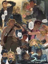  1boy 1girl anger_vein aroused artist_name bag black_hair blonde_hair blood blood_on_clothes blood_on_face blue_jumpsuit blush bolt_action bulletproof_vest butch_deloria chibi closed_eyes clothes_grab dancing dress earrings english_text fallout fallout_3 grabbing_another's_shirt gun handgun highres jacket jewelry jumpsuit kiss leather leather_jacket lone_wanderer long_hair mole mole_under_eye mrrs necklace nosebleed open_clothes open_jacket pearl_necklace pink_shirt pip_boy pompadour ponytail punching rifle satchel shading_eyes shirt sleeves_rolled_up snake speech_bubble sweat tank_top unamused vault_suit weapon white_dress white_tank_top wrist_computer 