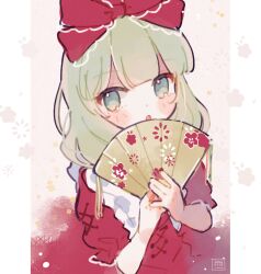  1girl commentary_request dated dress floral_print folding_fan green_eyes green_hair hair_ribbon hand_fan highres holding holding_fan kagiyama_hina letterboxed long_hair looking_at_viewer nig_18 open_mouth puffy_short_sleeves puffy_sleeves red_dress red_ribbon ribbon short_sleeves solo touhou upper_body 