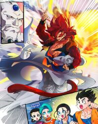  black_hair blue_eyes blue_sash bulma chi-chi_(dragon_ball) closed_mouth dougi dragon_ball dragon_ball_gt gloves gogeta highres long_hair male_focus metamoran_vest monkey_boy monkey_tail multiple_boys muscular muscular_male omega_shenron ommmyoh open_mouth pants red_fur saiyan sash smile son_gohan spiky_hair super_saiyan super_saiyan_4 tail twitter_username videl 