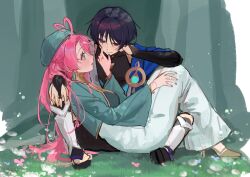  1boy 1girl ahoge akademiya_uniform aqua_eyes aqua_gem aqua_hat aqua_jacket aqua_sleeves beret black_bodysuit black_bridal_gauntlets black_hair black_sandals black_shorts blue_cape blue_kimono blunt_ends blush bodysuit braid bridal_gauntlets bright_pupils cape character_request closed_mouth couple covered_collarbone cropped_jacket eyelashes eyeliner flower gem genshin_impact gold gold_collar grass grey_eyes hair_intakes half-closed_eyes half_up_braid hand_on_another's_face hand_on_own_face hand_on_own_knee hat heart heart_ahoge heart_in_eye hetero high_heels highres jacket japanese_clothes juban kimono leaning_on_person leg_warmers long_hair long_skirt long_sleeves looking_at_another makeup oc_x_canon open_clothes open_kimono original outdoors parted_lips pink_eyeliner pink_flower pink_hair pink_lips red_eyeliner sandals scaramouche_(genshin_impact) shorts shoulder_peek side_cape skirt smile split_mouth symbol_in_eye tareme toeless_legwear tsurime vision_(genshin_impact) wanderer_(genshin_impact) white_flower white_kimono white_leg_warmers white_pupils white_skirt wispy_bangs yoontrsh zouri 