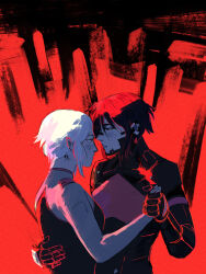 2girls absurdres android ariane_yeong black_hair elster_(signalis) eye_contact hand_on_another's_back highres holding_hands kisexey looking_at_another metal_skin multiple_girls red_background short_hair signalis upper_body white_hair yuri 