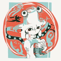  1girl 3ma_can_omochi abstract closed_mouth commentary_request dot_mouth expressionless eye_on_hat facing_ahead flat_color hair_tubes hands_up hat highres interlocked_fingers limited_palette medium_hair moriya_suwako own_hands_clasped own_hands_together rectangular_pupils shirt sidelocks sideways_glance solo touhou wide_sleeves 