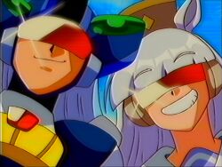  1990s_(style) 1boy 1girl android animal_ears armor assault_visor black_armor black_helmet blue_hair brown_hat chest_jewel clenched_teeth crossover dynamo_(mega_man) ear_covers faux_retro_artstyle gold_ship_(umamusume) grey_hair hat helmet highres horse_ears horse_girl horseshoe_ornament long_hair lueduar mega_man_(series) mega_man_x_(series) pillbox_hat purple_sailor_collar purple_serafuku purple_shirt red-tinted_eyewear retro_artstyle robot robot_ears sailor_collar sailor_shirt school_uniform serafuku shirt smile teeth tinted_eyewear tracen_school_uniform umamusume upper_body very_long_hair vhs_artifacts 