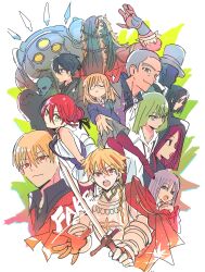  3girls 4others 6+boys absurdres alcides_(fate) alexandre_dumas_(fate) androgynous armor black_hair black_hat blonde_hair braid cape chain closed_eyes closed_mouth colored_skin command_spell commentary_request covered_face dark-skinned_male dark_skin english_text enkidu_(fate) eyepatch fate/strange_fake fate_(series) francois_prelati_(fate) gauntlets gilgamesh_(fate) green_eyes green_hair grey_hair grey_skirt hansa_cervantes hat heracles_(fate) highres hippolyta_(fate) holding holding_sword holding_weapon hood hood_up huwawa_(fate) jack_the_ripper_(fate/strange_fake) long_hair looking_at_viewer multicolored_hair multiple_boys multiple_girls multiple_others muscular muscular_male no_name_assassin_(fate) one_eye_covered open_mouth pale_rider_(fate) pantyhose pointy_ears red_cape red_eyes red_hair red_pantyhose red_skin richard_i_(fate) sajou_ayaka_(fate/strange_fake) sigma_(fate) siokuran skirt smile streaked_hair sword top_hat true_assassin_(fate/strange_fake) two-tone_hair weapon yellow_eyes 