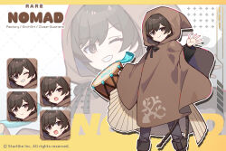  1girl apple_caramel black_boots black_hair blush boots brown_cloak brown_eyes cloak closed_mouth commentary_request copyright_request dotted_line drum grey_pants grin hair_between_eyes highres hood hood_up hooded_cloak infinity_symbol instrument multiple_expressions multiple_views official_art open_mouth pants small_sweatdrop smile standing sweat zoom_layer 
