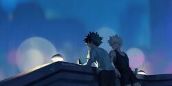  2boys bakugou_katsuki black_pants black_shorts black_tank_top blonde_hair boku_no_hero_academia closed_mouth commentary_request drink_carton green_hair grey_shirt holding holding_juice_box juice_box korean_commentary male_focus midoriya_izuku multiple_boys night on_rooftop pants shirt short_hair shorts sky standing tank_top twitter_username yeol2510 