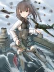  1girl aerial_battle airplane battle blurry bow_(weapon) brown_eyes brown_hair crossbow depth_of_field enemy_aircraft_(kantai_collection) firing grey_skirt hakama_skirt headband headgear highres kantai_collection long_sleeves machinery muzzle_flash ocean pleated_skirt rabochicken short_hair skirt taihou_(kantai_collection) thigh-highs weapon 