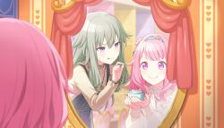  >:) 2girls adjusting_another's_hair blue_skirt blunt_bangs borrowed_hairstyle bow change!_emu_wa_ojou_sama!?_(project_sekai) closed_mouth colorful_palette cupping_hands curly_sidelocks curtains dot_nose fake_mole frilled_sleeves frills game_cg green_hair green_trim hair_flaps hairband hand_up hands_up heart highres holding jewelry kusanagi_nene light_blush long_hair long_sleeves looking_at_mirror low-tied_sidelocks medium_hair mirror mole mole_under_eye multiple_girls necklace official_art ootori_emu own_hands_together pink_eyes pink_hair project_sekai puffy_long_sleeves puffy_sleeves reflection reflection_focus ribbed_shirt shirt sidelocks skirt smile suspender_skirt suspenders sweatdrop swept_bangs third-party_source tongue tongue_out upper_body v-shaped_eyebrows violet_eyes white_bow white_shirt yellow_shirt 