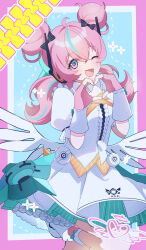  1girl :d absurdres ahoge aqua_streaks aria_(zenless_zone_zero) black_bow blue_eyes bow center_frills commentary_request cowboy_shot crossed_bangs dress fingerless_gloves frills gloves hair_between_eyes heart heart_hands highres looking_at_viewer mechanical_ears multicolored_eyes multicolored_hair one_eye_closed open_mouth pink_gloves pink_hair pink_socks smile socks solo star-shaped_pupils star_(symbol) streaked_hair symbol-shaped_pupils two-tone_eyes upyuu white_dress white_wings wings zenless_zone_zero 