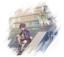  1boy 1girl anklet arm_at_side armor bare_shoulders black_bodysuit black_bridal_gauntlets black_eyes black_sandals black_shorts blue_cape blue_gem blue_kimono blunt_ends bodysuit book bookshelf bracelet bridal_gauntlets cape closed_mouth feathers gem genshin_impact gold green_cape green_hair hair_ornament hand_on_own_face highres holding holding_book indoors japanese_armor japanese_clothes jewelry juban kimono kote kurokote leaf leaf_hair_ornament leg_warmers library long_hair mid-stride multicolored_hair nahida_(genshin_impact) open_book open_clothes open_kimono pointy_ears pom_pom_(clothes) purple_hair reading sandals scaramouche_(genshin_impact) shorts side_cape side_ponytail sidelocks sitting socks stairs streaked_hair tamane_june toeless_legwear toes turtleneck turtleneck_bodysuit vision_(genshin_impact) wanderer_(genshin_impact) white_hair white_kimono white_leg_warmers white_socks yellow_feathers zouri 