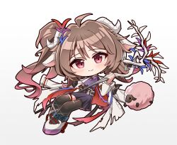  1girl ahoge animal animal_ears arknights asymmetrical_legwear bell black_pantyhose black_skirt black_thighhighs blush breasts brown_hair chibi closed_mouth collared_shirt commentary_request eyjafjalla_(arknights) full_body gradient_hair grey_background highres holding holding_staff horns jacket long_hair looking_at_viewer medium_breasts multicolored_hair one_side_up open_clothes open_jacket pantyhose purple_shirt red_eyes sheep sheep_ears sheep_girl sheep_horns shirt shoes single_leg_pantyhose single_thighhigh skirt smile solo staff thigh-highs torn_clothes torn_jacket very_long_hair white_background white_jacket white_shoes yeong_r6 