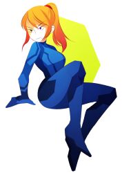  1girl bellicosia blonde_hair blue_bodysuit bodysuit english_commentary full_body highres metroid mole mole_under_mouth ponytail samus_aran simple_background super_smash_bros. zero_suit 