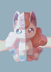  :3 alolan_vulpix animal_focus blue_background bright_pupils closed_mouth commentary_request full_body highres hinekure looking_at_viewer no_humans pawpads pokemon pokemon_(creature) simple_background sitting solo split_theme vulpix white_pupils 