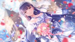  1girl bare_shoulders blue_hair blunt_bangs blurry blurry_background bouquet bridal_veil bride church collarbone cowboy_shot crying crying_with_eyes_open day dress dress_flower dutch_angle earrings elbow_gloves eyelashes falling_petals floating_hair flower furrowed_brow gloves hair_down happy_tears heaven_burns_red highres holding holding_bouquet jewelry leaf long_hair looking_at_viewer off-shoulder_dress off_shoulder official_alternate_costume official_alternate_hairstyle official_art official_wallpaper outdoors own_hands_together petals pink_flower pink_ribbon pink_rose red_eyes ribbon rose satsuki_mari satsuki_mari_(tears_of_joy) sidelocks straight_hair strapless strapless_dress tears tiara veil very_long_hair wedding_dress white_dress white_flower white_gloves white_rose white_tiara white_veil yellow_flower yellow_rose 