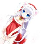  1girl animal_ears bell blue_eyes breasts cat_ears cat_tail christmas cleavage dress dress_tug dutch_angle hat highres kuroki_mashiro long_hair looking_at_viewer original parted_lips santa_costume santa_hat silver_hair solo tail translation_request 