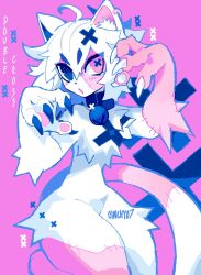  1girl :o animal_ears artist_name black_collar cat_ears cat_girl collar cowboy_shot cross-shaped_pupils ear_piercing furry furry_female heterochromia highres jellychuz multicolored_fur original piercing pink_background pink_fur pink_tail short_hair solo stitched_arm stitched_face stitches symbol-shaped_pupils thick_thighs thighs white_fur white_hair white_tail 
