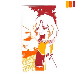  1girl 3ma_can_omochi arm_at_side closed_mouth color_guide commentary dress flat_chest flat_color from_side highres limited_palette looking_at_viewer looking_to_the_side medium_hair sakata_nemuno smile solo touhou upper_body white_background 