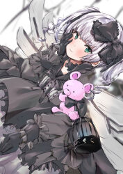  1girl absurdres alternate_costume black_bow black_choker black_dress black_gloves blunt_bangs blush bow choker commentary_request dress dutch_angle frilled_bow frilled_choker frilled_dress frilled_sleeves frills gloves gothic_lolita green_eyes grey_hair hair_bow hand_on_own_cheek hand_on_own_face hand_up heaven_burns_red highres lolita_fashion long_sleeves looking_at_viewer medium_hair no53_(pixiv_77486930) outstretched_arm reaching reaching_towards_viewer simple_background sketch solo stuffed_animal stuffed_toy sugawara_chie teddy_bear twintails wavy_hair white_background 