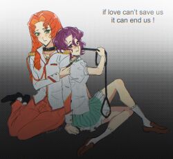  2girls animal_collar aqua_skirt arisugawa_juri brown_shoes cloversforjuri collar commentary derivative_work english_commentary english_text green_eyes highres holding holding_knife holding_leash jacket jewelry knife leash long_hair multiple_girls necklace ootori_gakuen_school_uniform orange_hair pants purple_hair red_pants ringlets school_uniform shirt shoes short_hair shoujo_kakumei_utena sitting skirt smile socks takatsuki_shiori violet_eyes white_jacket white_shirt white_socks 