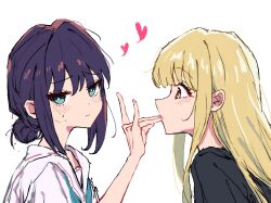  2girls amuka black_shirt blonde_hair blue_eyes blue_neckerchief blush cho_kaguya-hime! commentary_request fox_shadow_puppet hair_bun heart highres kaguya_(cho_kaguya-hime!) kiss kissing_hand long_hair looking_at_another multiple_girls neckerchief purple_hair red_eyes sakayori_iroha school_uniform serafuku shirt simple_background sweat white_background white_shirt yuri 