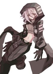  absurdres black_boots black_eyes black_gloves black_jacket boots closed_mouth commentary_request crona_(soul_eater) cropped_jacket floating_clothes foot_out_of_frame gloves grey_jacket groin hair_between_eyes high_collar highres jacket looking_at_viewer medium_hair navel pants pink_hair ribs shirt simple_background skull_belt sleeveless sleeveless_jacket soul_eater white_background xijiux859985 