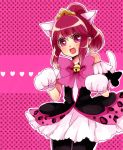  1girl :d aino_megumi animal_ears bell black_legwear bow cat_ears cat_tail fang gloves happinesscharge_precure! heart jingle_bell kako_(nkpak123) kemonomimi_mode open_mouth panther_pink_(precure) pantyhose paw_pose payot pink pink_background pink_eyes pink_hair ponytail precure ribbon short_hair skirt smile solo tail tiara white_skirt 
