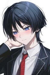  1boy alternate_costume black_hair black_jacket blazer blue_eyes blunt_ends blush bright_pupils closed_mouth collared_shirt contemporary dress_shirt embarrassed eyeliner formal_clothes genshin_impact hand_on_own_face hand_up hashtag-only_commentary jacket lapels layered_sleeves long_sleeves looking_to_the_side makeup male_focus necktie nyamnyam_(ny_am_030) portrait red_eyeliner red_necktie scaramouche_(genshin_impact) school_uniform shirt solo sweatdrop undershirt watermark white_background white_pupils white_shirt white_sleeves white_trim wing_collar wispy_bangs 