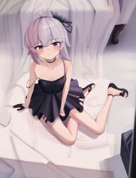  1girl absurdres arm_support awai_chitose bare_legs bare_shoulders between_legs black_choker black_dress black_gloves blush breasts brown_hair cheyanne_(girls'_frontline_2) cheyanne_(maiden_debut)_(girls'_frontline_2) choker commentary dress from_above full_body girls'_frontline_2:_exilium girls_frontline gloves hand_between_legs highres looking_at_viewer looking_up m200_(girls'_frontline) medium_hair sandals sitting sleeveless sleeveless_dress small_breasts smile solo strap_slip violet_eyes 