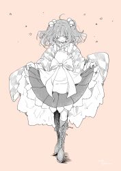  1girl absurdres apron blush boots clothes_lift commentary frills highres long_sleeves medium_hair monochrome motoori_kosuzu parted_lips plaid_clothes plaid_shirt shirt skirt skirt_lift smile solo star_(symbol) touhou twitter_username two_side_up untranslatable_commentary yamazaki_tsukune 