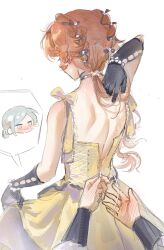  2girls absurdres arm_up back bare_shoulders black_gloves chibi chibi_inset dress dressing_another facing_away from_behind gloves hashtag-only_commentary highres holding holding_own_hair low_ponytail multiple_girls official_alternate_costume orange_hair partially_unzipped ponytail pov pov_hands reverse:1999 sleeveless sleeveless_dress sonetto_(reverse:1999) speech_bubble spoken_character upper_body vertin_(reverse:1999) white_background yellow_dress yuha6666 zipping 