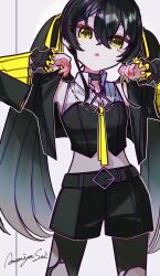  1girl black_hair commentary_request crop_top cropped_jacket fingernails flat_chest highres idolmaster idolmaster_cinderella_girls jacket long_fingernails long_hair looking_at_viewer matoba_risa open_clothes open_jacket pantyhose parted_lips re_deepseadrops shorts solo torn_clothes torn_pantyhose twintails very_long_hair yellow_eyes yellow_nails 