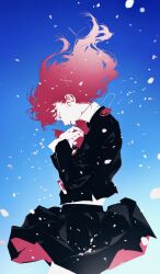  black_jacket black_skirt blue_background bow bowtie cherry_blossoms closed_eyes commentary_request digital_walkman earphones_removed floating_clothes floating_hair gekkoukan_high_school_uniform gradient_background gradient_hair gradient_sky hair_ornament highres jacket jing_zhi_kaoxiang_yu_re_zhong long_sleeves mp3_player multicolored_hair multiple_hair_clips persona persona_3 persona_3_portable petals red_bow red_bowtie red_hair school_uniform shiomi_kotone skirt sky x_hair_ornament 