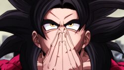  1boy absurdres black_hair body_fur close-up decial10 dragon_ball dragon_ball_gt eye_focus highres long_hair male_focus monkey_boy muscular muscular_male nose portrait red_fur simple_background solo son_goku super_saiyan super_saiyan_4 upper_body yellow_eyes 