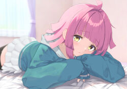  1girl ahoge amaner black_thighhighs blue_hoodie blunt_bangs blunt_ends brown_eyes commentary_request curtains highres hood hoodie indoors kishimen_hair light_blush long_sleeves looking_at_viewer love_live! love_live!_nijigasaki_high_school_idol_club lying on_stomach pink_hair skirt sleeves_past_wrists solo tennoji_rina thigh-highs white_skirt window 