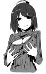  1girl breast_grab breasts hat kamukamu_(ars) monochrome open-chest_sweater pointy_ears ribbed_sweater self_fondle shameimaru_aya short_hair smile solo sweater tokin_hat touhou turtleneck 