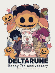  0ruru0ru95 1boy 1girl 3boys 3others anniversary artist_name basket beard belt beret black_hair black_nails blue_skin blush brown_hat candle closed_eyes collared_shirt colored_sclera colored_skin crossdressing crossdressing_(mtf) deltarune dress english_text facial_hair fang fangs fire floppy_ears frankenstein's_monster_costume frilled_dress frills gerson_boom glasses goat_boy goat_horns green_skin hair_over_eyes halloween hat heart heart_in_mouth highres holding holding_basket horns jack-o'-lantern jackenstein_(deltarune) jacket kris_(dark_world)_(deltarune) kris_(deltarune) mixed-language_commentary multiple_boys multiple_others nail_(hardware) open_clothes open_jacket open_mouth pink_dress pink_hair pumpkin purple_hair purple_skin ralsei sharp_teeth shirt simple_background smile star_(symbol) stitched_arm stitched_clothes stitched_face stitches susie_(dark_world)_(deltarune) susie_(deltarune) teeth turtle_boy turtle_shell utdr_(toby_fox) vampire_costume white_background white_fur yellow_sclera 