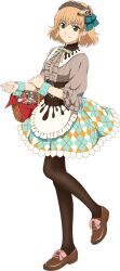  1girl apron aqua_skirt artist_request basket black_hairband black_pantyhose blonde_hair bow breasts brown_shirt brown_shoes chocolate closed_mouth food-themed_hair_ornament frills full_body game_cg green_eyes hair_ornament hairband hand_on_own_arm highres holding holding_basket looking_at_viewer medium_breasts multicolored_skirt natalia_luzu_kimlasca_lanvaldear natalia_luzu_kimlasca_lanvaldear_(valentine) official_alternate_costume official_art pantyhose pink_bow pink_ribbon ribbon shirt shoes short_hair skirt smile solo standing standing_on_one_leg tales_of_(series) tales_of_asteria tales_of_the_abyss third-party_source transparent_background valentine 