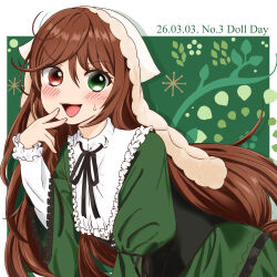  :3 :d black_ribbon brown_hair classic_lolita dress frilled_dress frills green_dress green_eyes headscarf heterochromia highres light_blush lolita_fashion long_hair momokame red_eyes ribbon rozen_maiden smile suiseiseki 