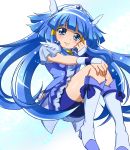  1girl absurdres aoki_reika bike_shorts blue_eyes blue_hair blue_skirt boots brooch cure_beauty hair_tubes head_wings highres jewelry knee_boots long_hair magical_girl payot precure sharumon shorts_under_skirt skirt smile smile_precure! solo tiara white_background wrist_cuffs 