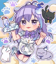  :3 :p androgynous animalization antenna_hair apron bell black_cat blue_hair blue_shoes blue_streaks bow bowtie buttons cappuccino cat chibi chibi_only clouds coffee_mug commentary crescent_moon cup earrings food highres hitodama holding holding_tray holostars jewelry jingle_bell latte_art leg_warmers long_hair male_focus minase_rio minase_rio_(5th_costume) moon mug multicolored_hair name_tag outline panipa parfait paw_pose paw_print person_and_animalization pin purple_bow purple_bowtie purple_cat purple_hair purple_outline shoes short_sleeves shorts sneakers streaked_hair striped_background tongue tongue_out tray untranslatable_commentary utsugi_uyu violet_eyes virtual_youtuber white_apron white_cat white_leg_warmers white_outline yatogami_fuma 