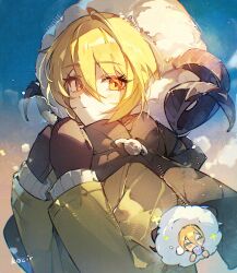  1girl alternate_costume blonde_hair brown_gloves brown_scarf don_quixote_(project_moon) gloves hair_between_eyes highres kocir limbus_company looking_at_viewer medium_hair project_moon scarf solo yellow_eyes 
