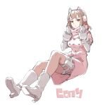  1girl adjusting_clothes boots brown_hair coat connie_(freedom_wars) freedom_wars gebyy-terar gloves headphones looking_at_viewer pantyhose shorts sitting solo white_background 