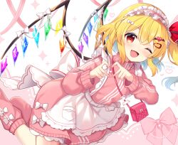  1girl alternate_costume apron back_bow blonde_hair blush bow commentary_request crystal crystal_wings flandre_scarlet four-finger_heart_hands frilled_hairband frills hairband heart heart_hands heart_in_heart_hands jacket jersey_maid leg_warmers maid multicolored_wings one_side_up open_mouth pink_hairband pink_jacket pink_leg_warmers pink_skirt red_eyes ruhika skirt smile solo touhou unconventional_maid watermark white_apron white_bow wings 
