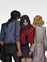  1boy 2girls absurdres akagi_ritsuko black_dress black_hair black_pants blonde_hair blue_shirt breasts closed_eyes closed_mouth coat commentary cowboy_shot dress from_behind fx861208 highres holding_hands interlocked_fingers jacket kaji_ryouji katsuragi_misato long_hair low_ponytail medium_breasts multiple_girls neon_genesis_evangelion pants pencil_dress ponytail purple_hair red_jacket shirt short_hair shoulder_pads simple_background untranslatable_commentary white_background white_coat 