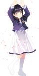  1girl akb48 arms_up black_hair boots brown_eyes highres long_hair long_sleeves petals silverms2 solo takahashi_minami uniform white_background white_boots 