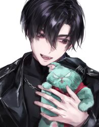  1boy alien_stage animal animalization black_eyes black_hair black_hat black_jacket black_shirt cat chain chain_necklace commentary fang hair_between_eyes hat highres holding holding_animal holding_cat ivan_(alien_stage) jacket jewelry male_focus moruru_08 necklace official_alternate_costume open_mouth shirt short_hair till_(alien_stage) very_short_hair white_background 
