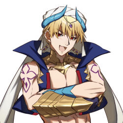 1boy bare_shoulders blonde_hair commentary_request cropped_vest crossed_arms earrings fang fate/grand_order fate_(series) gauntlets gilgamesh_(caster)_(fate) gilgamesh_(fate) gold_earrings high_collar highres jewelry looking_at_viewer male_focus no_shirt open_clothes open_mouth open_vest raisakaki01 red_eyes short_hair shoulder_tattoo simple_background single_gauntlet skin_fang smile solo star_(symbol) tattoo toned toned_male turban upper_body variant_set vest white_background white_turban 