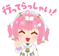  1girl aemeath_(wuthering_waves) aemeath_(young)_(wuthering_waves) closed_eyes commentary dress facing_viewer hair_ornament hand_up irasutoya lowres official_art open_mouth short_twintails smile solo sticker_(medium) translation_request transparent_background twintails upper_body waving white_dress wuthering_waves 