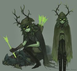  absurdres adventure_time antlers black_boots boots cloak colored_sclera colored_skin cropped_legs energy_arrow green_cloak green_eyes green_sclera green_skin grey_background hair_branch hashtag-only_commentary highres horns huntress_wizard kneeling looking_at_viewer multiple_views plant_hair quiver shl_shalopai simple_background slit_pupils standing 